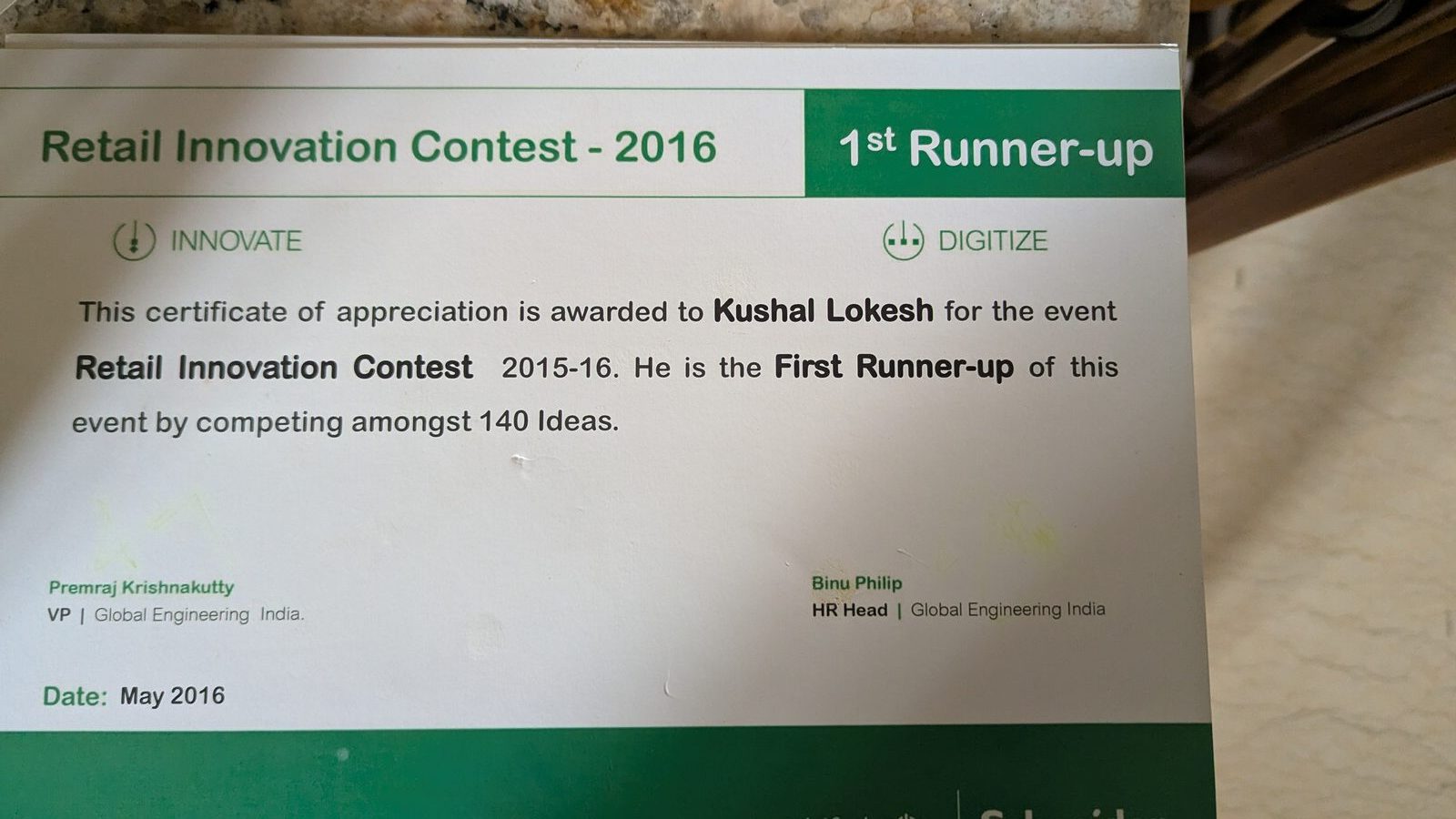 Retail Innovation Contest 2016 certificate