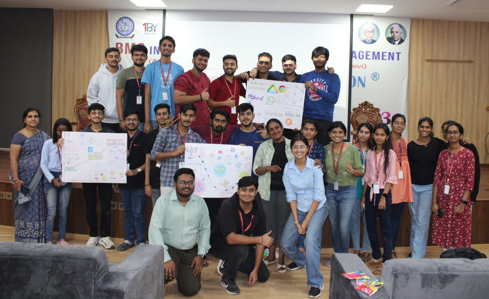 BMSIT students holding posters from the Unlocking Web3's Magic session