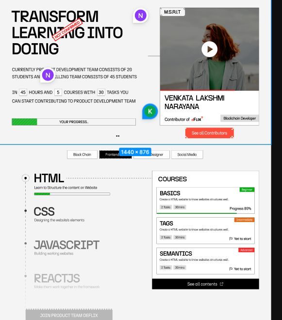 Homepage spec for web3onwards.com — 45 hours, 5 courses, 30 tasks, join product team DeFlix