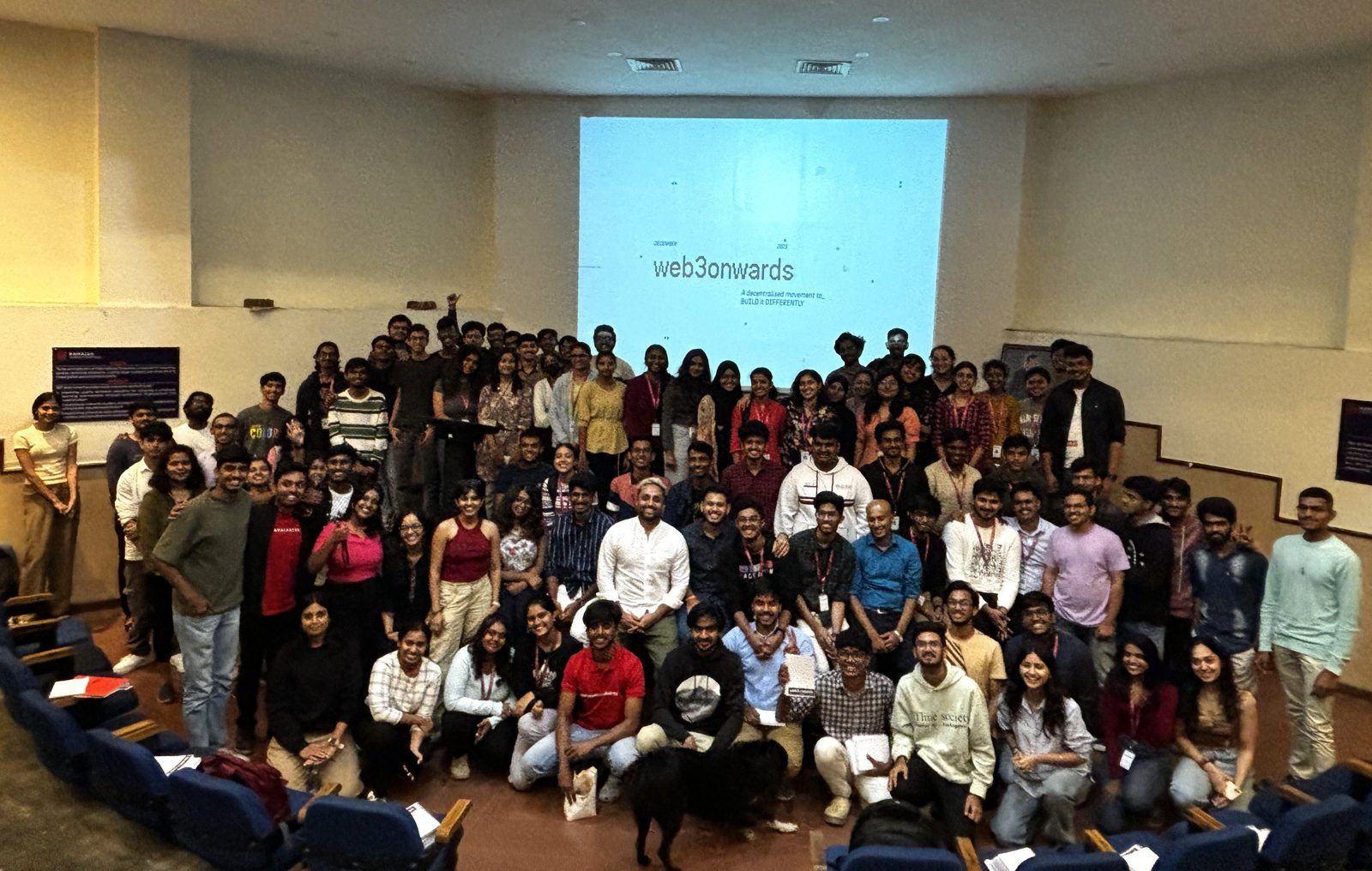 A full lecture hall at Ramaiah Institute of Technology with the web3onwards wordmark on screen
